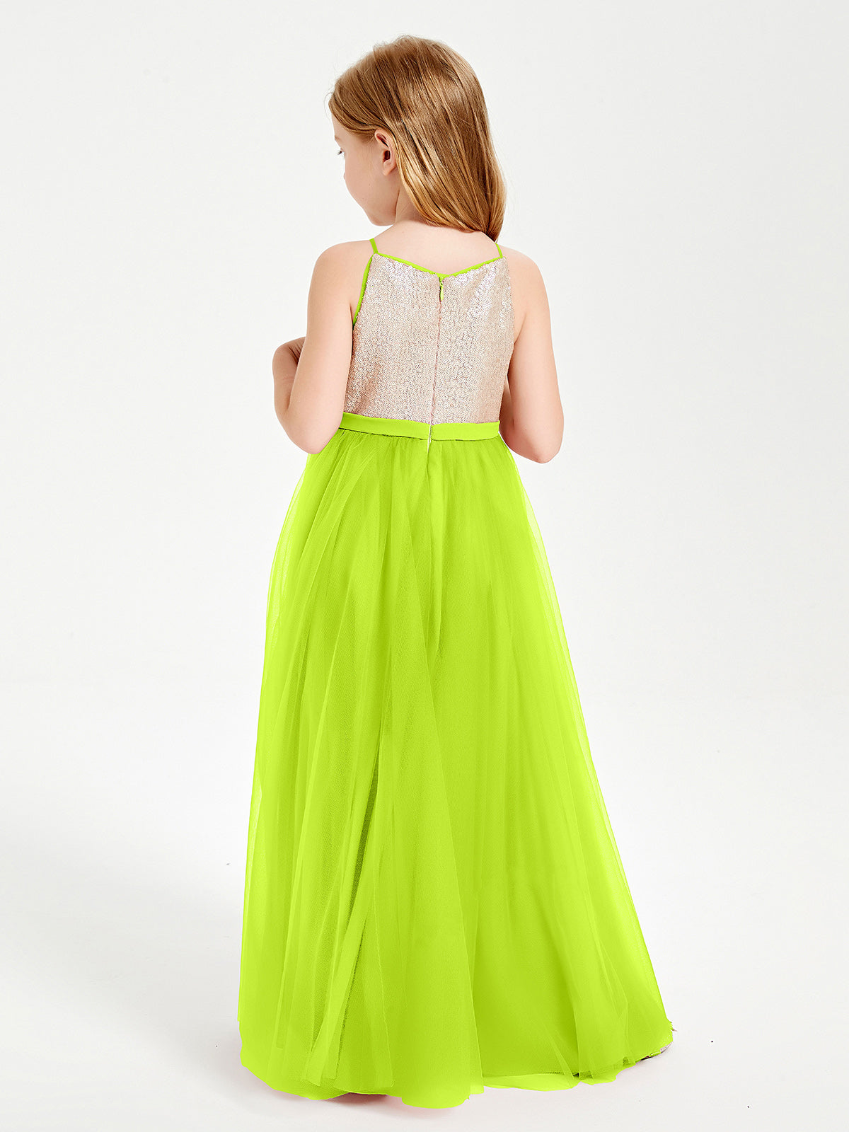 Sequined Top Long Tulle Junior Bridesmaid Gown Lime Green